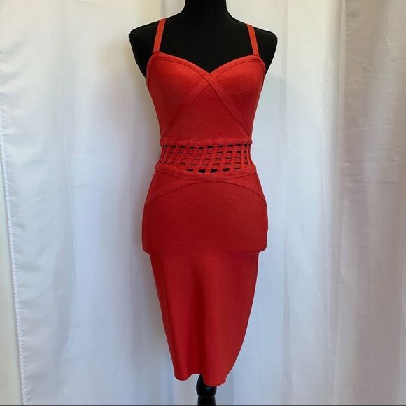 Bebe Red Bandage Bodycon Dress With Caged Waist Detail Sz M - Picture 3 of 12